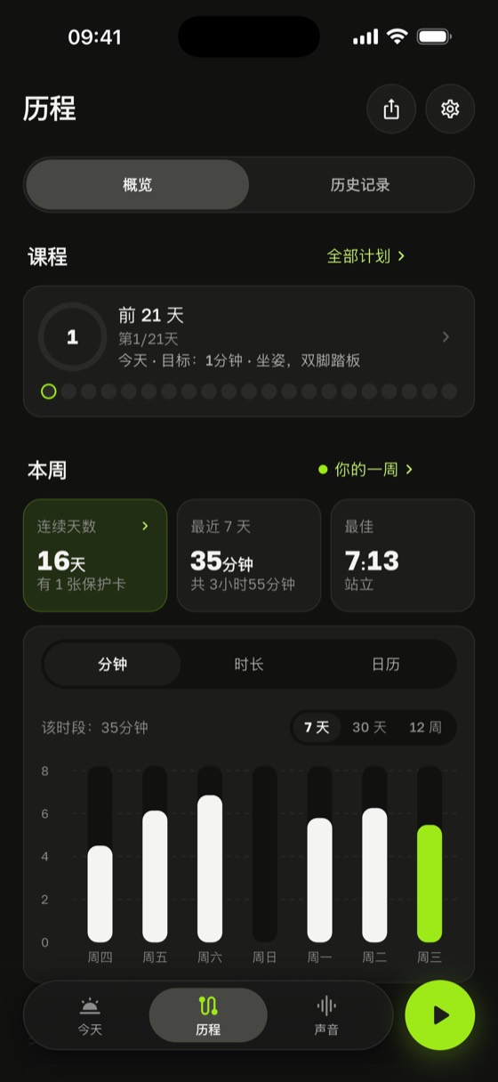 进度界面：连续 16 天，最佳 7:31，练习效果