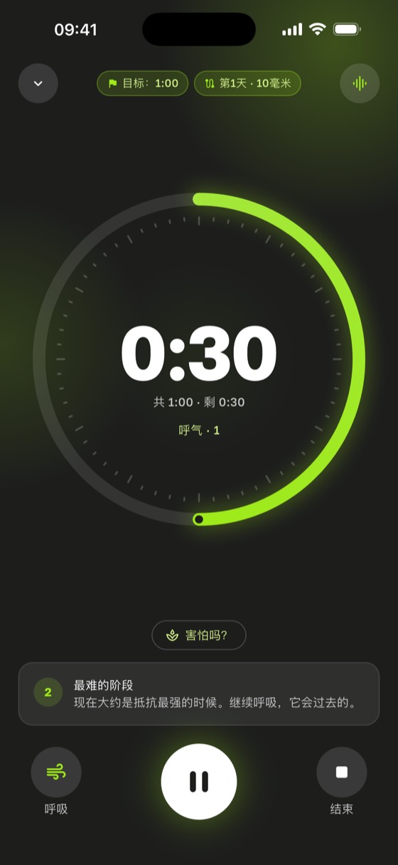 计时器界面：目标 1:00，已完成 0:30，计划第 1 天
